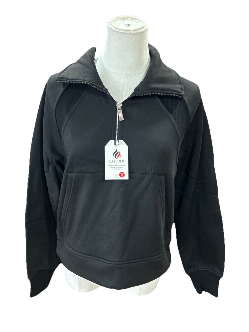 LASLULU Womens Fleece Lined Pullover 1/2 Zip Sweatshirts Long S Black
